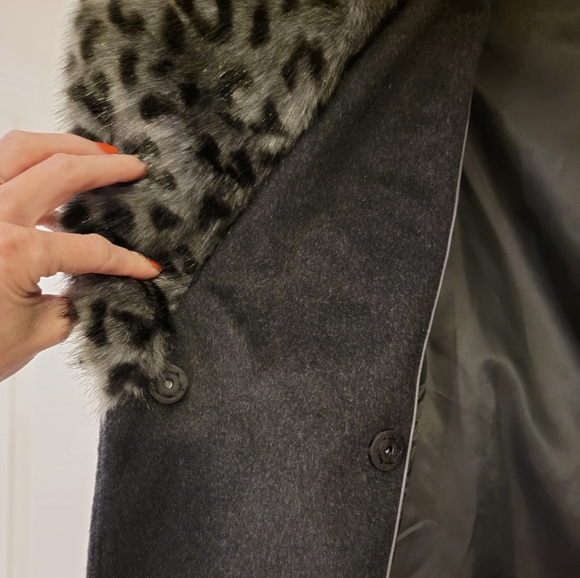 VIA SPIGA WOOL LEOPARD FUR LONG PEA COAT WINTER JACKET SIZE MEDIUM - Picture 3 of 15